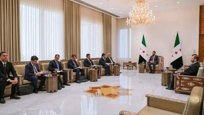 Syrian President Ahmad al-Shara receives a delegation from Azerbaijan, headed by Azerbaijani Deputy Prime Minister Samir Sharifov-stock-photo