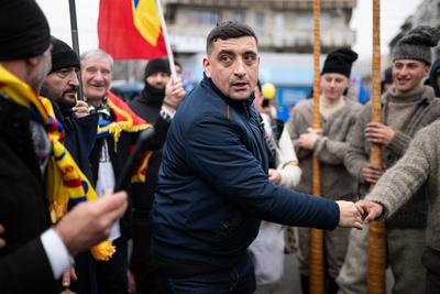 Bucharest, Romania, March 1, 2025, George Simion(AUR) at the protest against the government.-stock-photo