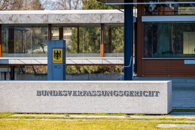 Karlsruhe, Baden-W?rttemberg, Germany - March 4, 2025: The massive stone block with the inscription Federal Constitution-stock-photo