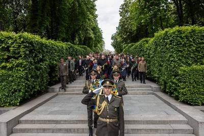 Ukrainian President, Volodymyr Zelenskyy, participates in a World War II memorial service-stock-photo