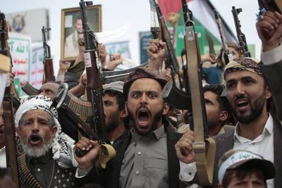Houthi supporters protest against the US and Israel in Sana'a --stock-photo