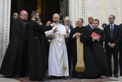 ITALY - POPE  LEO XIV VISIT TO THE SHRINE OF THE MOSTHER OF GOOD COUNSEL IN GENAZZANO , ITALY  - 2025/5/10-stock-photo