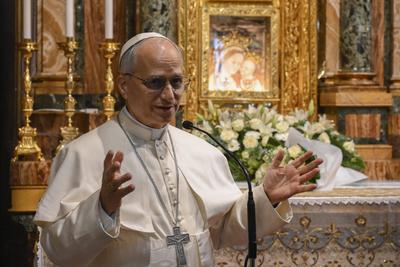 ITALY - POPE  LEO XIV VISIT TO THE SHRINE OF THE MOSTHER OF GOOD COUNSEL IN GENAZZANO , ITALY  - 2025/5/10-stock-photo