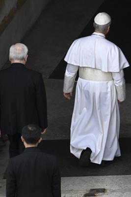 ITALY - REL - Italy, Rome,2025-05-11 Pope Leo XIV enters the Holy Office at the Vatican.-stock-photo