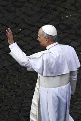 ITALY - REL - Italy, Rome,2025-05-11 Pope Leo XIV enters the Holy Office at the Vatican.-stock-photo