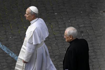ITALY - REL - Italy, Rome,2025-05-11 Pope Leo XIV enters the Holy Office at the Vatican.-stock-photo