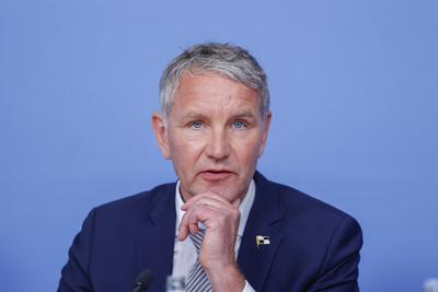 Bj?rn H?cke bei PK rechtliches Gutachten zum Thema Verfassungsschutz in Berlin-stock-foto