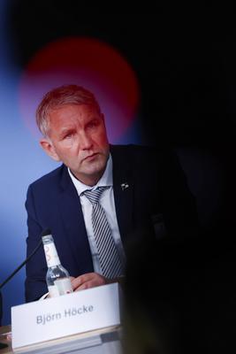 Bj?rn H?cke bei PK rechtliches Gutachten zum Thema Verfassungsschutz in Berlin-stock-foto