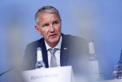 Bj?rn H?cke bei PK rechtliches Gutachten zum Thema Verfassungsschutz in Berlin-stock-foto
