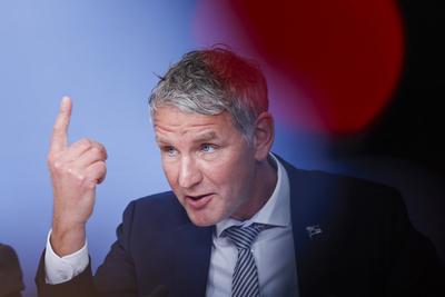 Bj?rn H?cke bei PK rechtliches Gutachten zum Thema Verfassungsschutz in Berlin-stock-foto