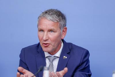 Bj?rn H?cke bei PK rechtliches Gutachten zum Thema Verfassungsschutz in Berlin-stock-foto
