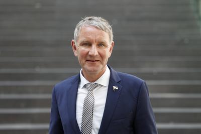 Bj?rn H?cke bei PK rechtliches Gutachten zum Thema Verfassungsschutz in Berlin-stock-foto