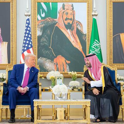 Saudi Crown Prince Mohammed bin Salman receive U.S. President Donald Trump upon his arrival in Riyadh-stock-photo