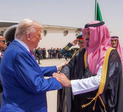 Saudi Crown Prince Mohammed bin Salman receive U.S. President Donald Trump upon his arrival in Riyadh-stock-photo
