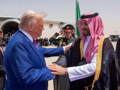 Saudi Crown Prince Mohammed bin Salman receive U.S. President Donald Trump upon his arrival in Riyadh-stock-photo