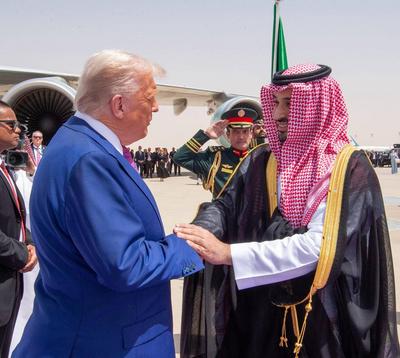 Saudi Crown Prince Mohammed bin Salman receive U.S. President Donald Trump upon his arrival in Riyadh-stock-photo
