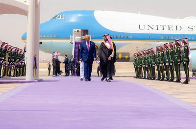 Saudi Crown Prince Mohammed bin Salman receive U.S. President Donald Trump upon his arrival in Riyadh-stock-photo