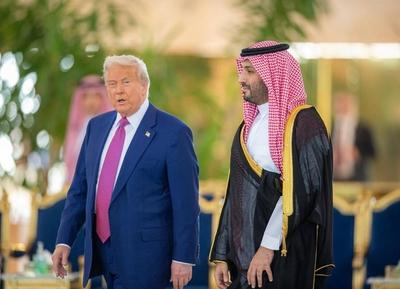 Saudi Crown Prince Mohammed bin Salman receive U.S. President Donald Trump upon his arrival in Riyadh-stock-photo