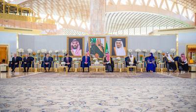 Saudi Crown Prince Mohammed bin Salman receive U.S. President Donald Trump upon his arrival in Riyadh-stock-photo
