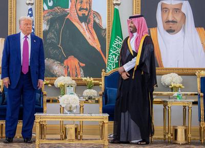 Saudi Crown Prince Mohammed bin Salman receive U.S. President Donald Trump upon his arrival in Riyadh-stock-photo
