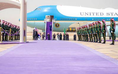 Saudi Crown Prince Mohammed bin Salman receive U.S. President Donald Trump upon his arrival in Riyadh-stock-photo