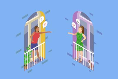 3D Isometric Flat  Illustration of Furious Female Neighbors, Conflict Between Residents of a Building<br>3D Isometric Flat  Illustration of Furious Female Neighbors, Conflict Between Residents of a Building-stock-foto