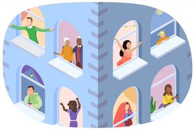 3D Isometrische flache Illustration von Haus-Fenster mit Menschen, gute Nachbarschaft3D Isometrische flache Illustration von Haus-Fenster mit Menschen, gute Nachbarschaft-stock-foto