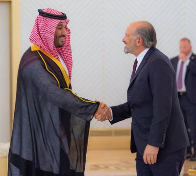 Saudi Crown Prince Mohammed bin Salman receive U.S. President Donald Trump upon his arrival in Riyadh-stock-photo