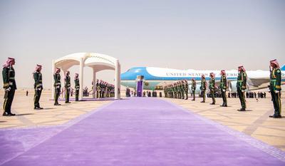 Saudi Crown Prince Mohammed bin Salman receive U.S. President Donald Trump upon his arrival in Riyadh-stock-photo