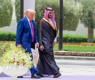 Saudi Crown Prince Mohammed bin Salman receive U.S. President Donald Trump at the Royal Court-stock-photo