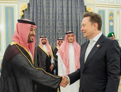 Saudi Crown Prince Mohammed bin Salman receive U.S. President Donald Trump at the Royal Court-stock-photo