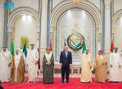 Saudi Crown Prince Mohammed bin Salman receive U.S. President Donald Trump at the Royal Court-stock-photo