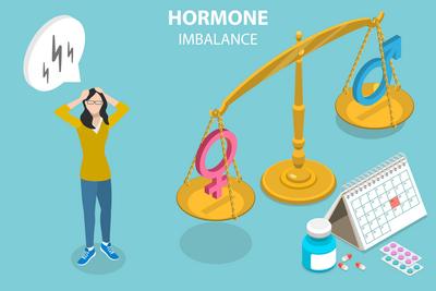 3D Isometric Flat konzeptionelle Illustration der weiblichen Hormon Ungleichgewicht<br>3D-Isometrische flache konzeptionelle Illustration des weiblichen Hormonungleichgewichts-stock-foto