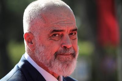 Berlin Process leaders summit, Albania Albanian Prime Minister Edi Rama waits to greet the leaders prior to the Berlin P-stock-photo