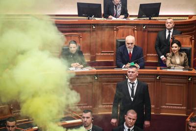 Opposition Democratic Party protest in Albania s Parliament Albania s Prime Minister Edi Rama (C) looks on as Democratic-stock-foto