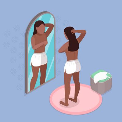 3D Isometrische flache Illustration der Brust Selbstuntersuchung, weibliche Gesundheit<br>3D-Isometrische flache Illustration der Brust-Selbstuntersuchung, weibliche Gesundheit-stock-foto