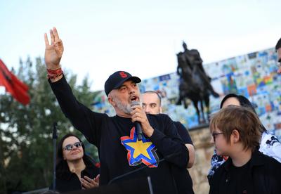Albanian PM Edi Rama rally after Parliamentary Elections 2025, Tirana, Albania on May 14, 2025.-stock-foto