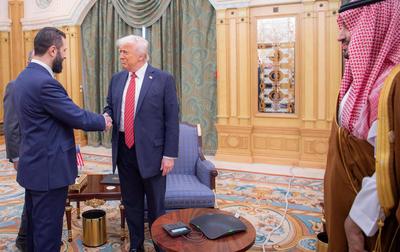 Saudi Crown Prince, Mohammed bin Salman, and US President, Donald Trump, meet with the Syrian president Ahmad Al-Sharaa-stock-photo