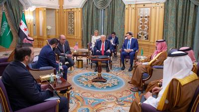 Saudi Crown Prince, Mohammed bin Salman, and US President, Donald Trump, meet with the Syrian president Ahmad Al-Sharaa-stock-photo