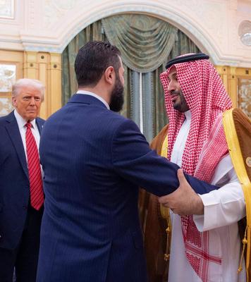 Saudi Crown Prince, Mohammed bin Salman, and US President, Donald Trump, meet with the Syrian president Ahmad Al-Sharaa-stock-photo