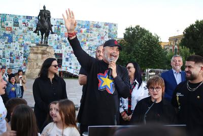 Albanian PM Edi Rama rally after Parliamentary Elections 2025, Tirana, Albania on May 14, 2025.-stock-foto