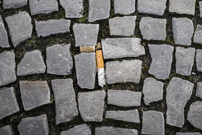 Eine Zigarettenkippe liegt zwischen Pflastersteinen auf dem Boden. Berlin, 20.02.2020. Berlin Deutschland *** A cigaret-stock-foto