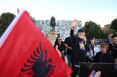 Albanian PM Edi Rama rally after Parliamentary Elections 2025, Tirana, Albania on May 14, 2025.-stock-foto