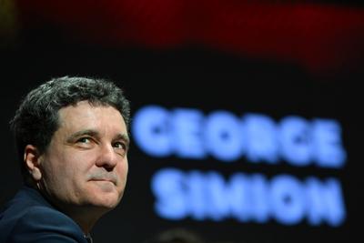 Nicusor Dan attends an online debate in Bucharest-stock-photo