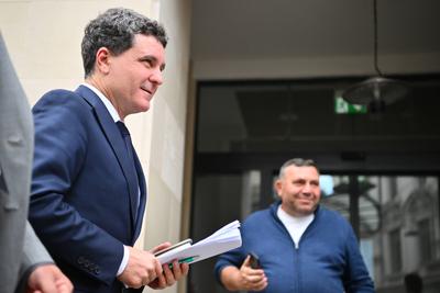Nicusor Dan attends an online debate in Bucharest-stock-photo