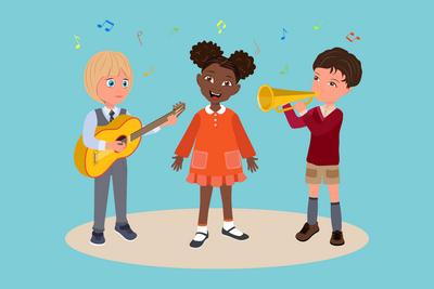 Flat Illustration of Talanted Kinder, gl?ckliche Kinder singen und spielen klassische Musikinstrumente<br>Flache Illustration von begabten Kindern, gl?ckliche Kinder, die singen und klassische Musikinstrumente spielen-stock-photo