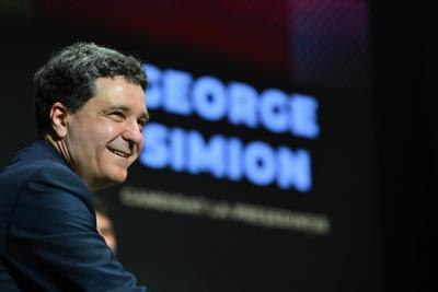 Nicusor Dan attends an online debate in Bucharest-stock-foto