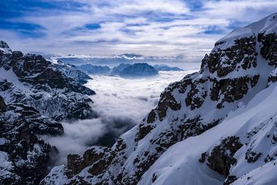 Aerial view of the Auronzo valley and snow-covered alpine Dolomite landscape in winter, seen from Rifugio Auronzo in Tre-stock-photo