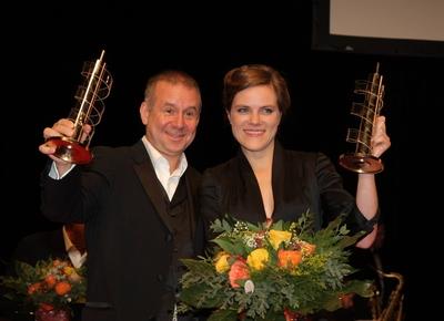 Hessischer Film -und Kinopreis 2007 Preistraeger Joachim Krol mit Fritzi Haberlandt Verleihung des Hessischer Film -und-stock-foto