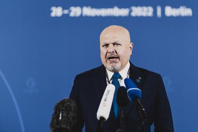 Karim Khan, Cheafanlklaeger des Internationalen Strafgerichtshofs, aufgenommen im Rahmen des Treffens der G7 Justizmini-stock-foto